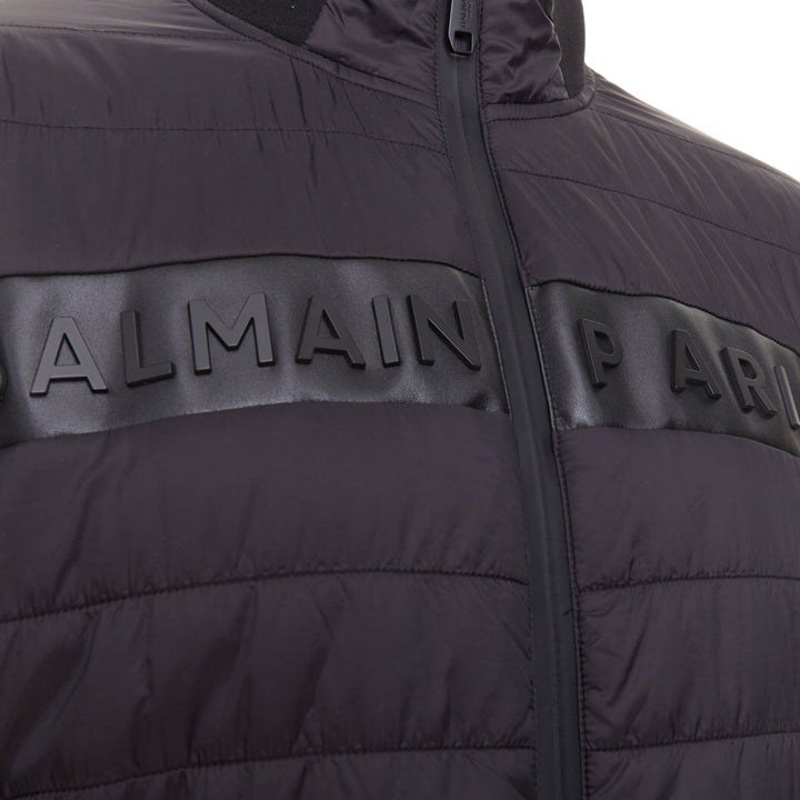 BALMAIN black mixed quilted puffer logo neoprene sleeves zip up jacket EU50 L