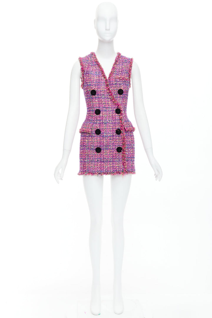 BALMAIN multicolor pink tweed black velvet buttons vest dress FR34 XS