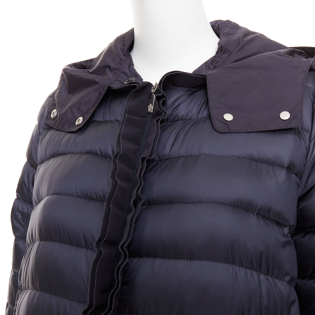 MONCLER Dorothee Guibbotto navy nylon ruffle trim hooded jacket Sz2 M