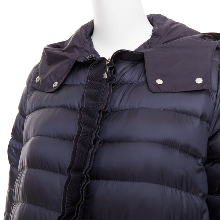 MONCLER Dorothee Guibbotto navy nylon ruffle trim hooded jacket Sz2 M