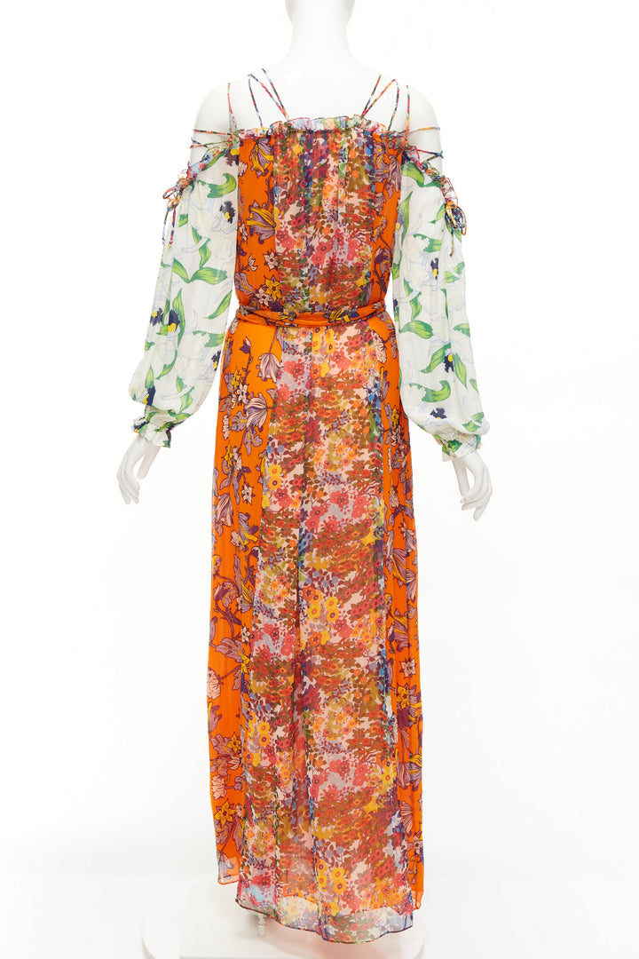 TORY BURCH Shasta orange green white floral silk cold shoulder maxi dress