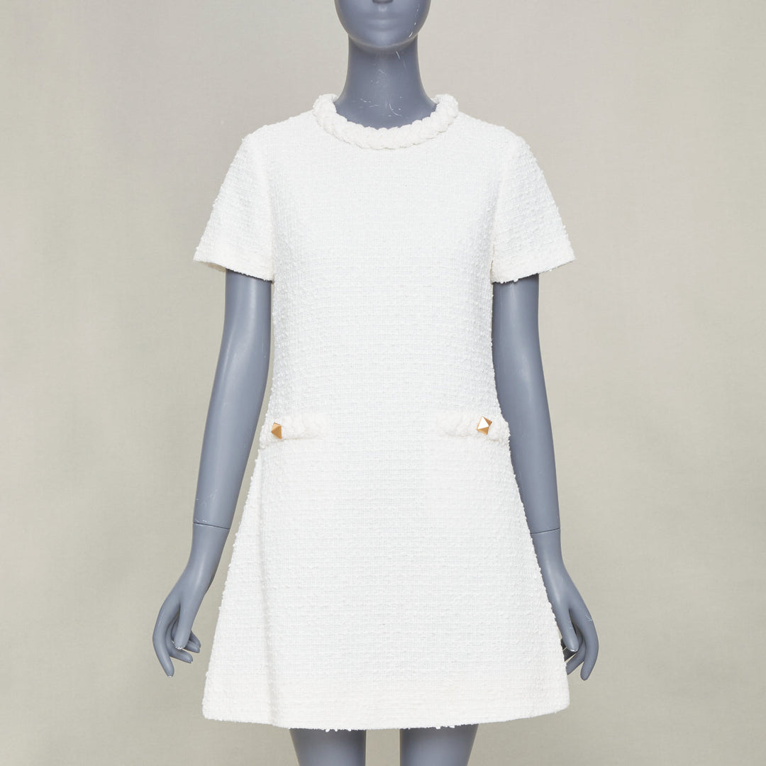 VALENTINO 2021 Roman Stud optical white cotton tweed short sleeve dress IT40 S