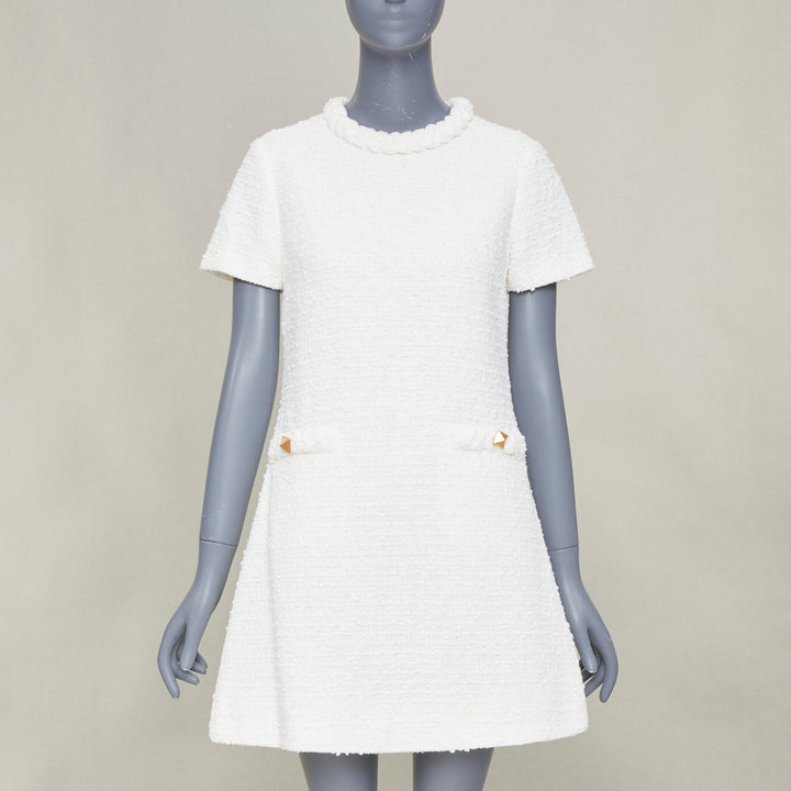 VALENTINO 2021 Roman Stud optical white cotton tweed short sleeve dress IT40 S