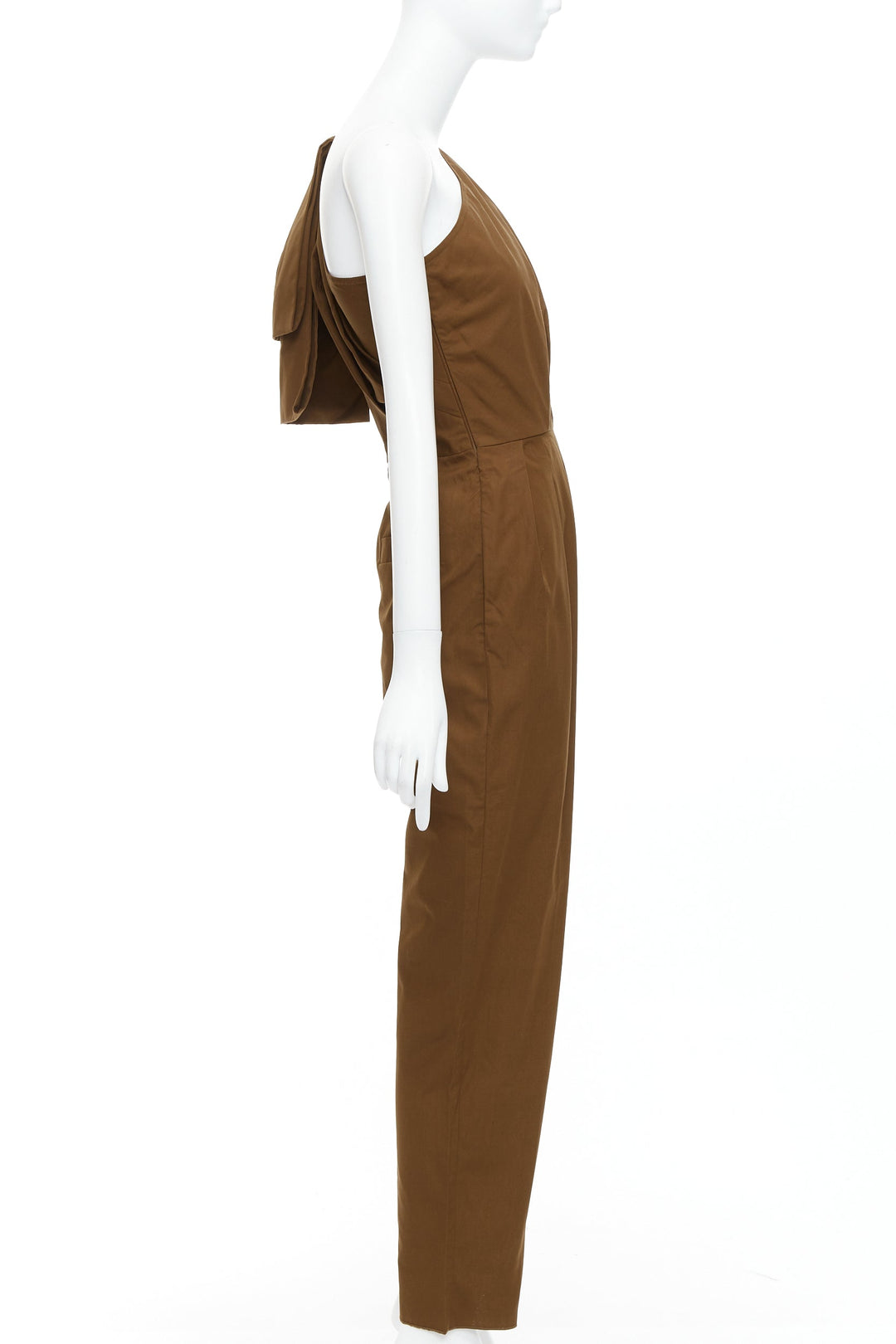 MAX MARA Avola brown cotton poplin one shoulder leather trim jumpsuit IT36 XXS