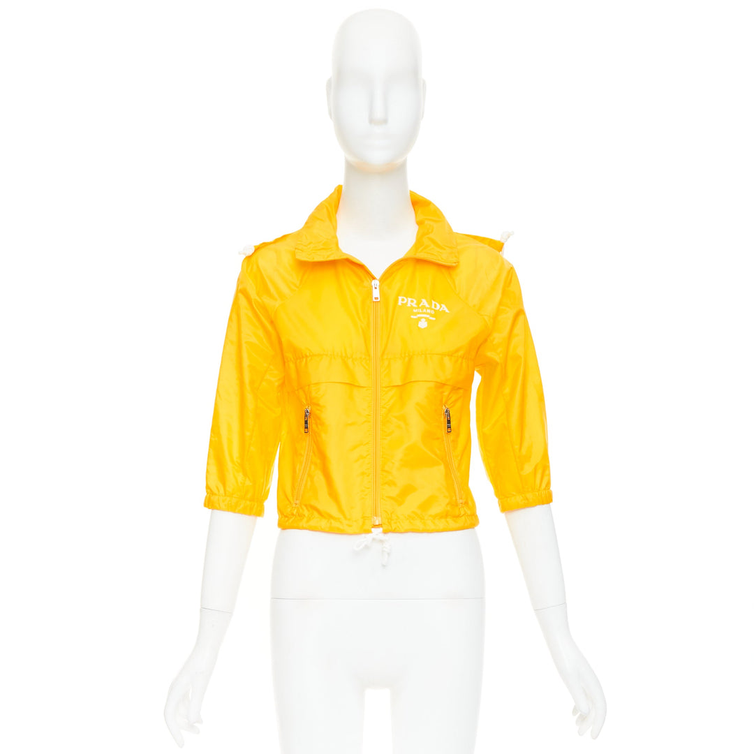 PRADA 2021 Re-nylon citron yellow white logo cropped jacket windbreaker IT38 XS