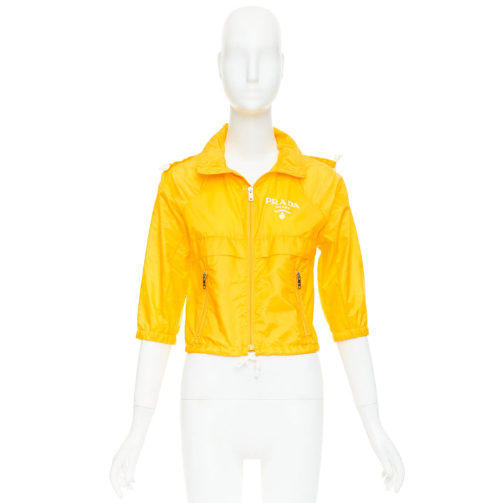 PRADA 2021 Re-nylon citron yellow white logo cropped jacket windbreaker IT38 XS