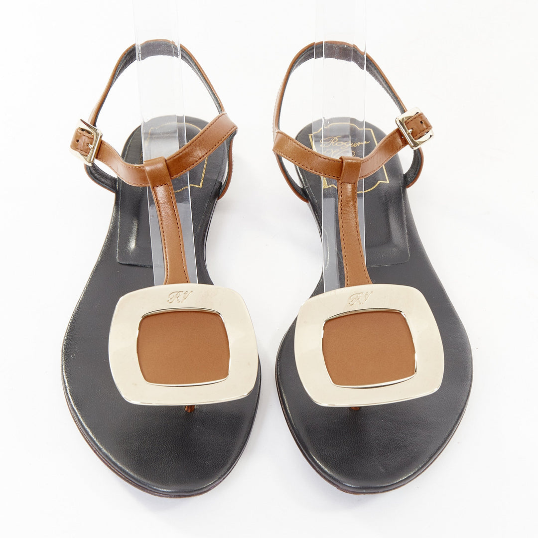 ROGER VIVIER Chips brown leather gold buckle tstrap comfort thong sandals EU37