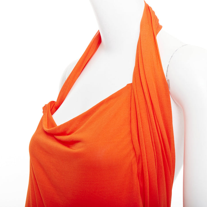 SAINT LAURENT 2023 orange asymmetric knot halter draped backless gown FR38 M