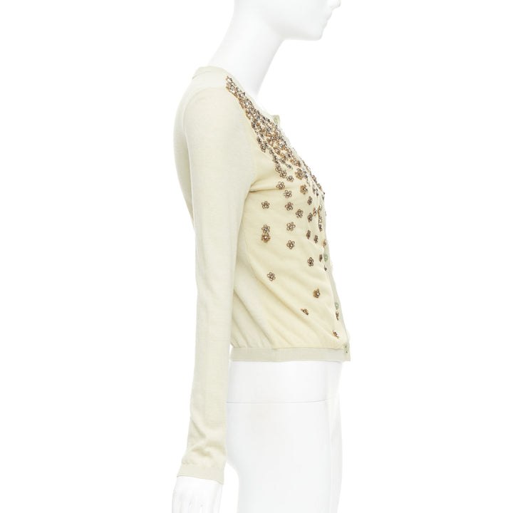 VALENTINO beige cashmere silk bead embellished crop cardigan M