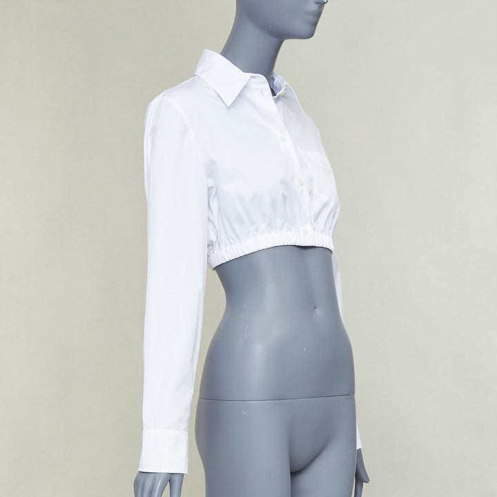 PRADA 2022 white cotton logo embroidered pocket elastic waist crop shirt IT38 XS