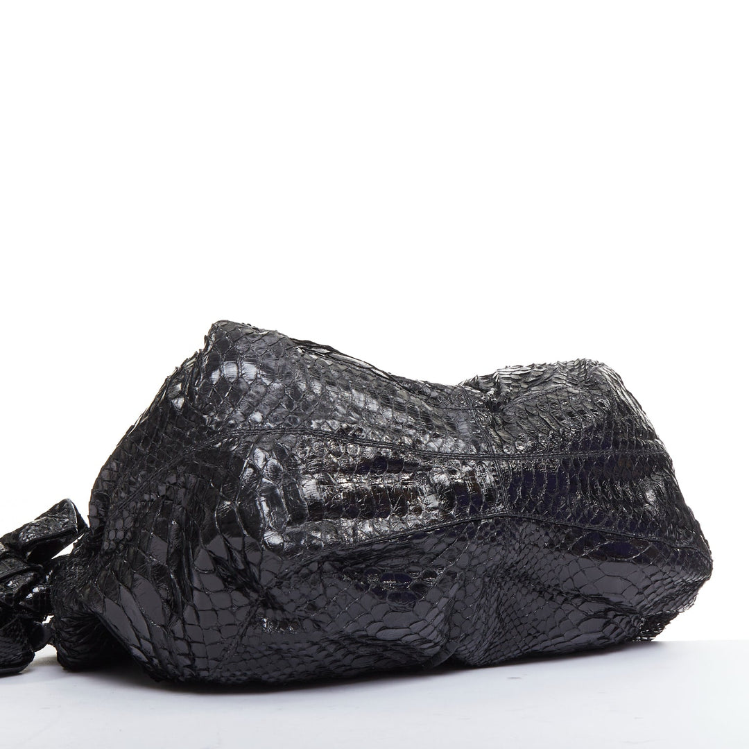 VALENTINO black shiny snakeskin leather bow side shoulder hobo bag
