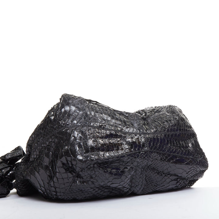 VALENTINO black shiny snakeskin leather bow side shoulder hobo bag