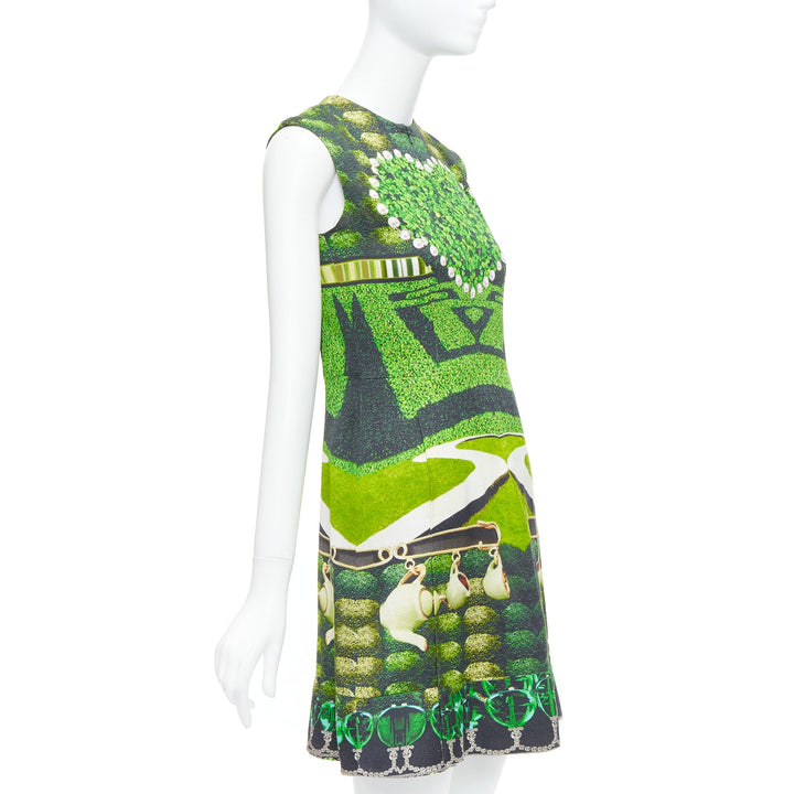 MARY KATRANTZOU 2012 Runway green heart garden party print shift dress UK10 M