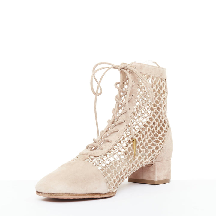 DIOR 2019 Naughtily-D beige suede net mesh lace up block ankle boots EU37.5