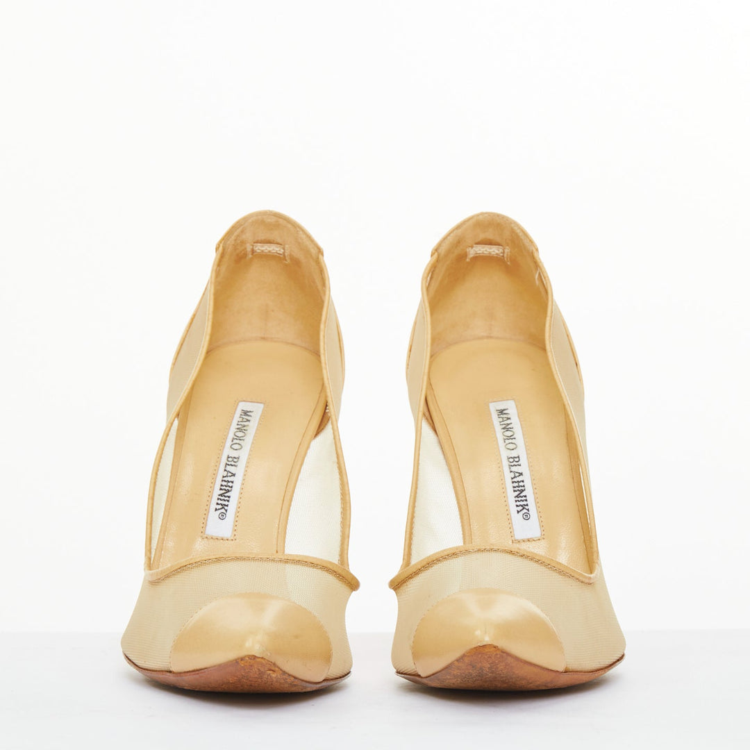 MANOLO BLAHNIK Belta sheer mesh nude beige leather cap toe stiletto pumps EU37.5
