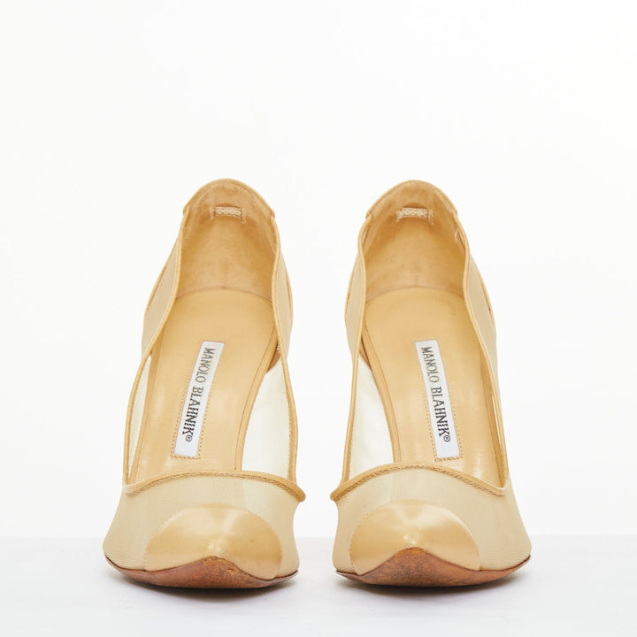 MANOLO BLAHNIK Belta sheer mesh nude beige leather cap toe stiletto pumps EU37.5