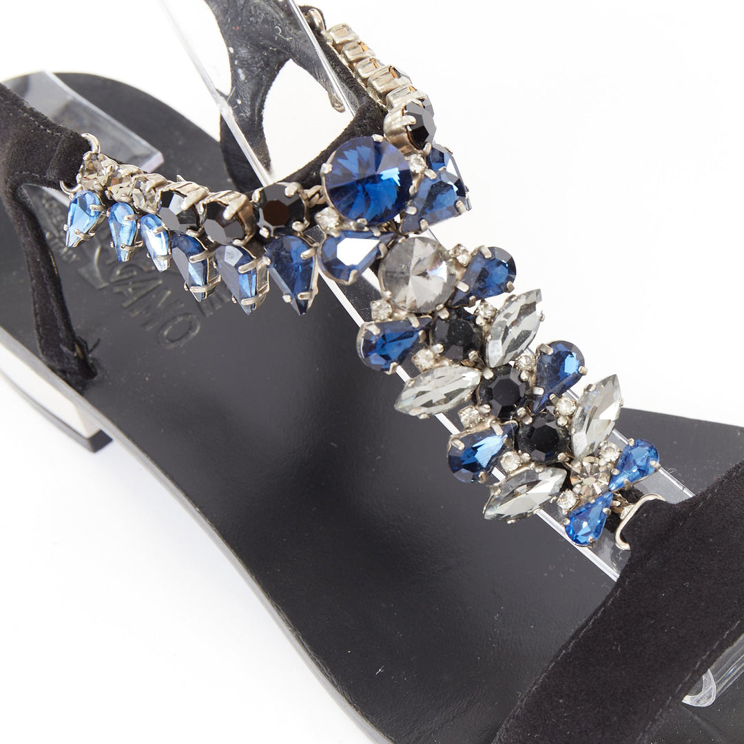 SALVATORE FERRAGAMO blue crystal black suede low block heel tstrap sandals UK6.5