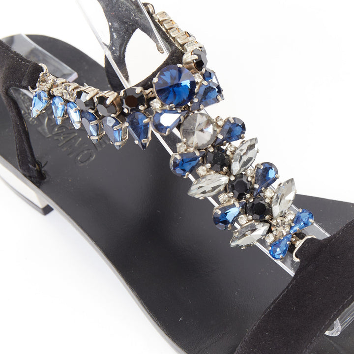 SALVATORE FERRAGAMO blue crystal black suede low block heel tstrap sandals UK6.5