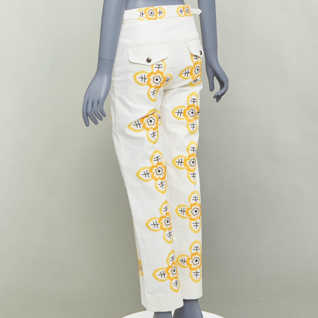 BODE Buttercup ecru yellow embroidery floral straight leg pants 25"