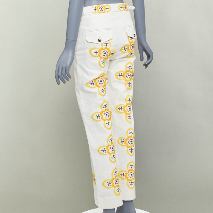 BODE Buttercup ecru yellow embroidery floral straight leg pants 25"