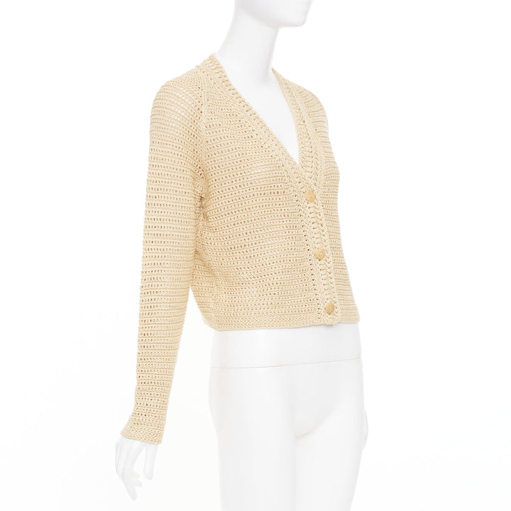 VINCE beige cream nude open work cotton mesh crochet knit button cardigan S