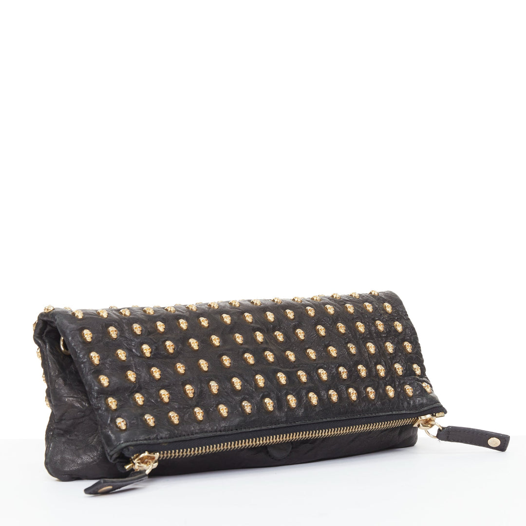 THOMAS WYLDE Day of the Dead Punk black leather gold skull stud  clutch bag