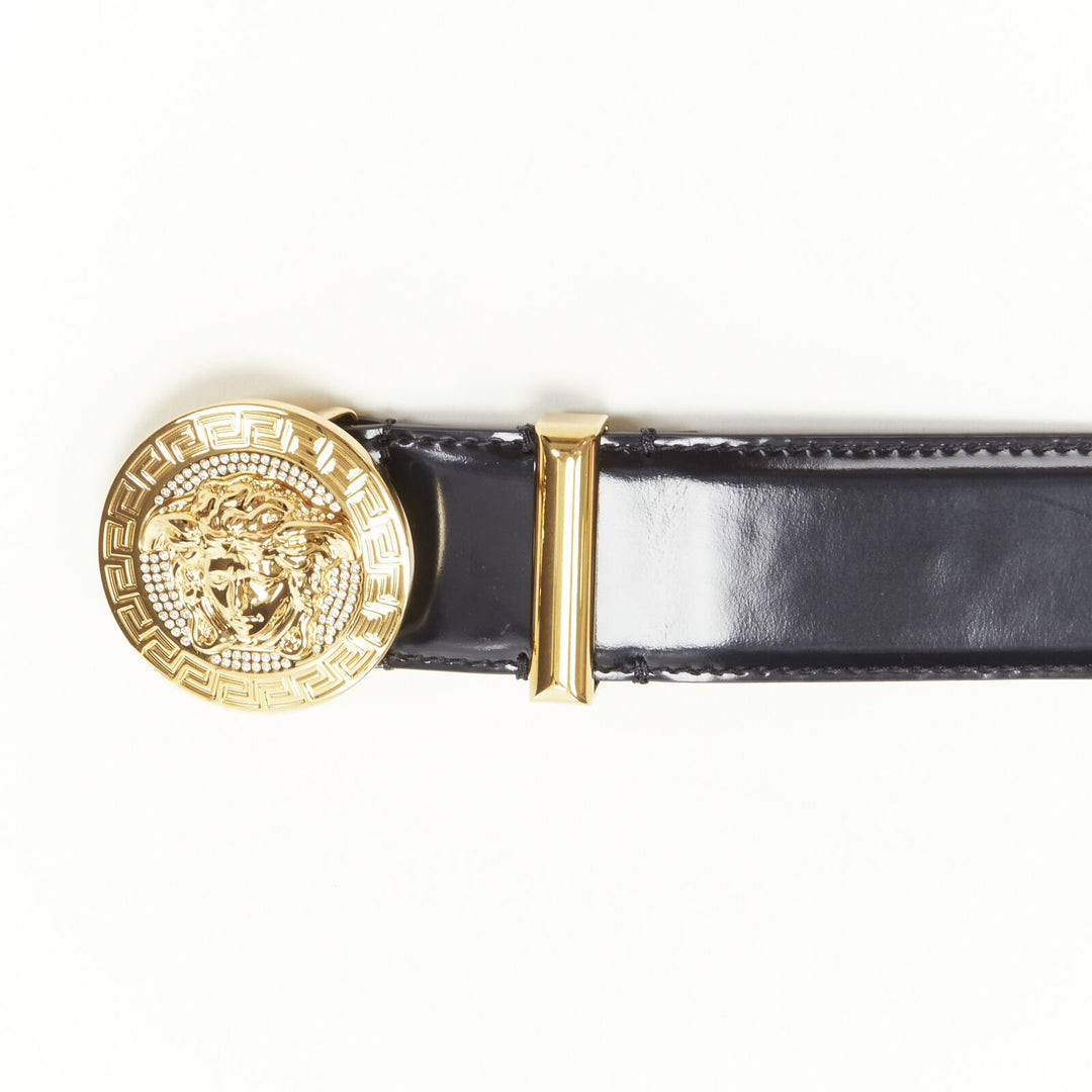 VERSACE Medusa Biggie crystal gold Medallion coin black belt 100cm 38-42"