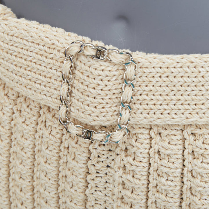 CHANEL 2025 Runway beige chain buckle belted textured ribbed knit shorts FR34 XS