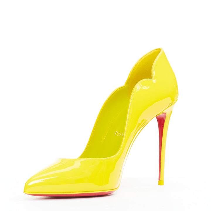 CHRISTIAN LOUBOUTIN Hot Chick 100 Patent citrus lemon scallop point pump EU37.5