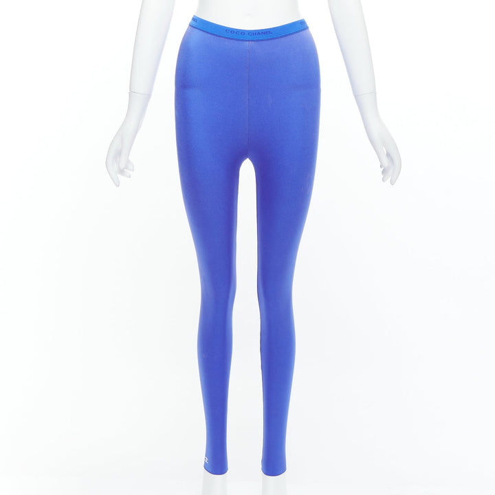 CHANEL cobalt blue crystal CC logo coco waistband leggings FR34 XS