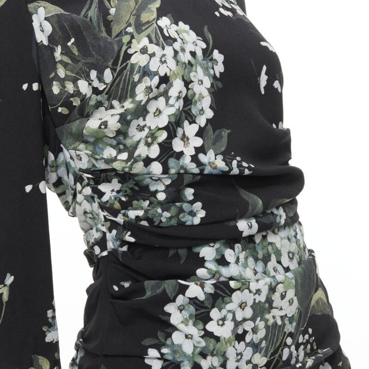 DOLCE GABBANA silk black white green floral print ruched bodycon dress IT40 XS