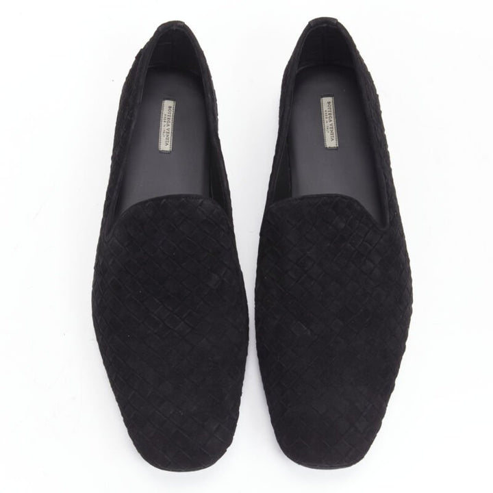 BOTTEGA VENETA Intrecciato Luxe suede black woven dress loafer shoes EU43