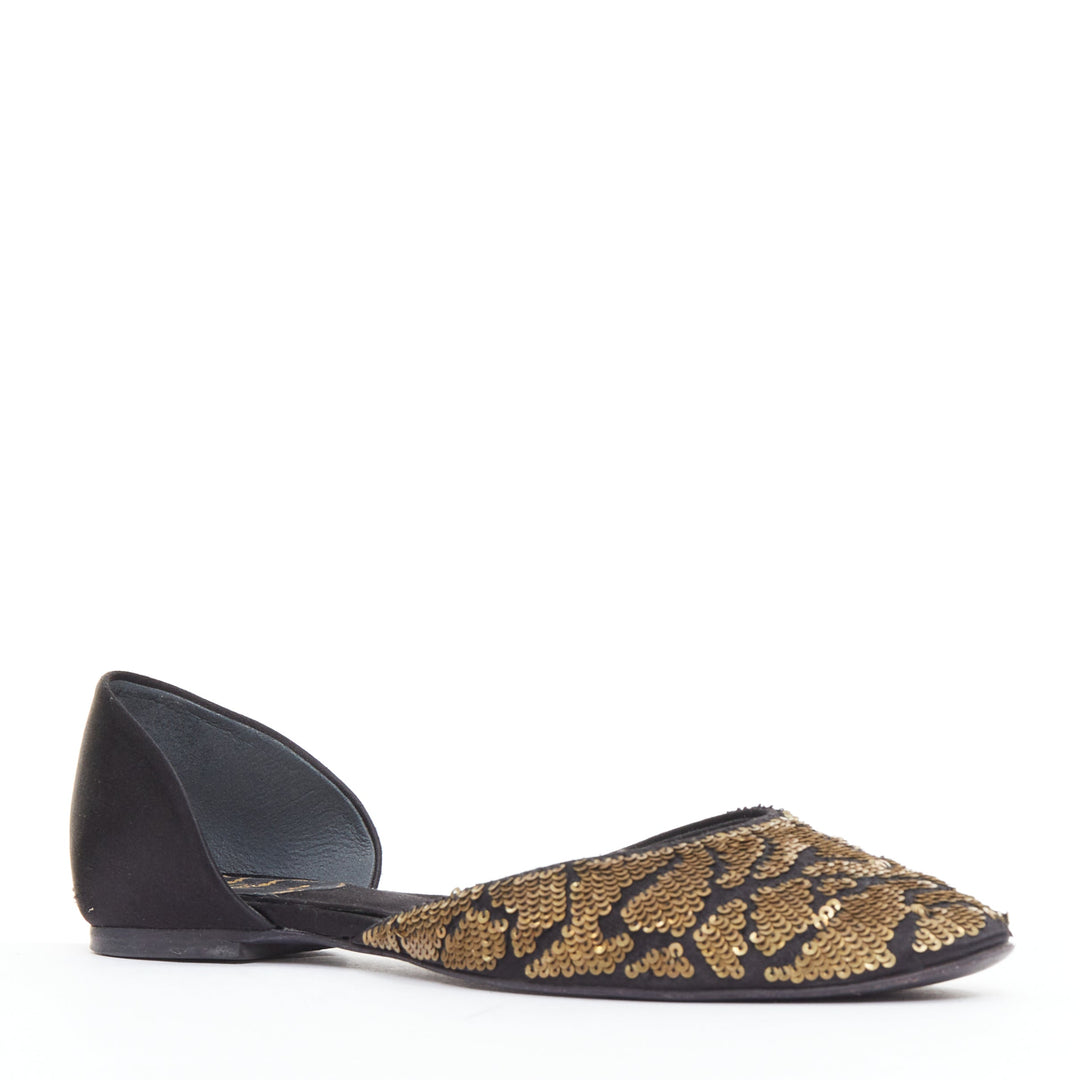 ROGER VIVIER gold sequin black satin half dorsay ballerina flats EU34