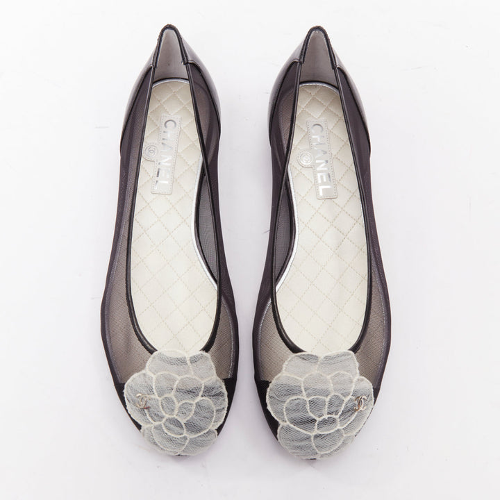 CHANEL 2009 G26433 black sheer mesh leather camellia CC ballerina flats EU37.5