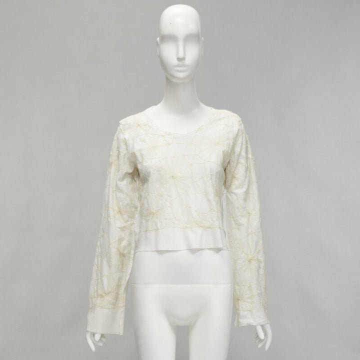 rare COMME DES GARCONS Vintage white linen floral web embroidery crop top S