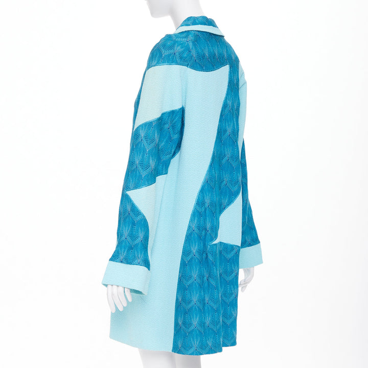 MISSONI Vintage blue patchwork knit pointelle boucle lace wool coat IT42 M