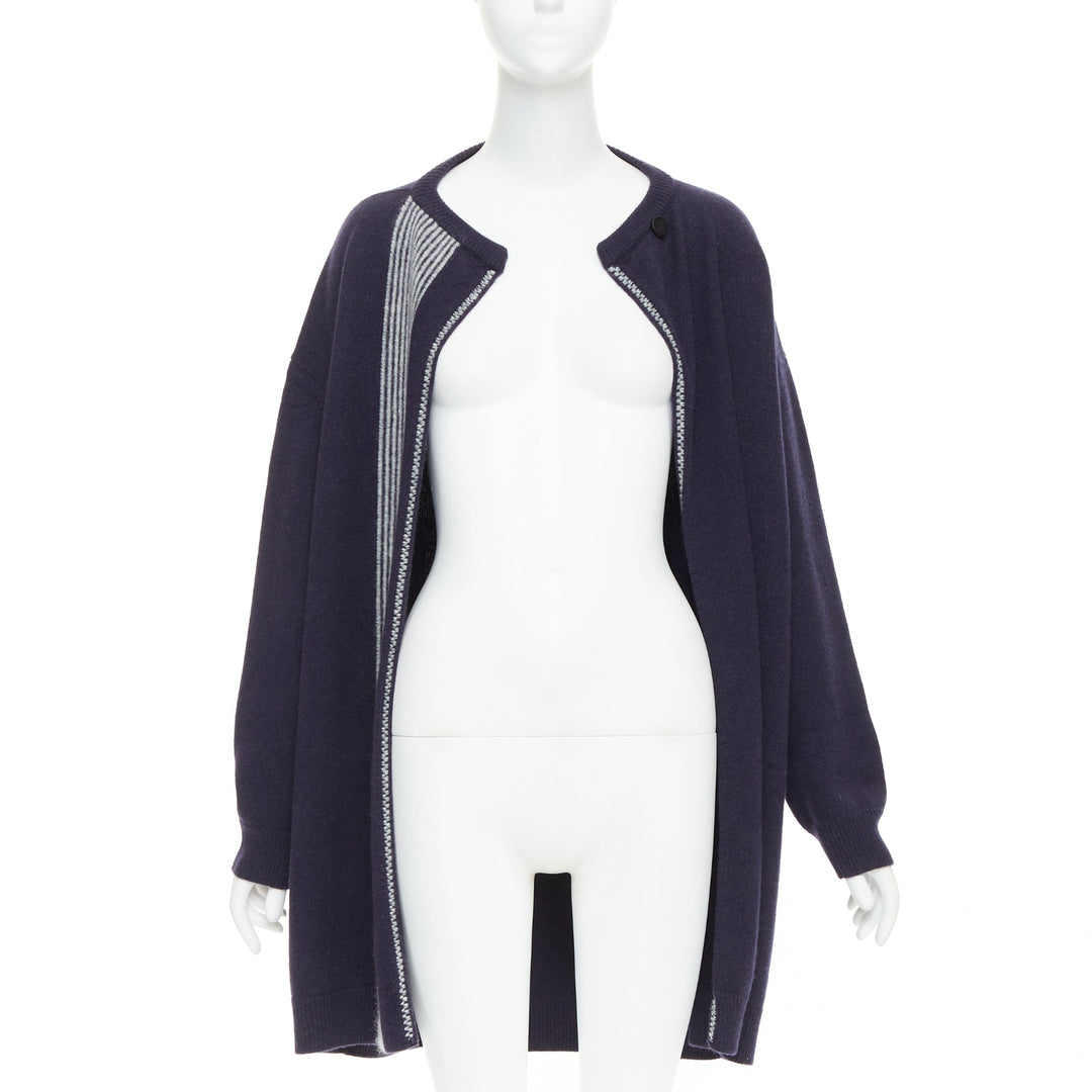 HERMES navy virgin wool white striped oversized knitted cardigan sweater FR34 XS