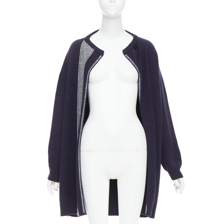HERMES navy virgin wool white striped oversized knitted cardigan sweater FR34 XS