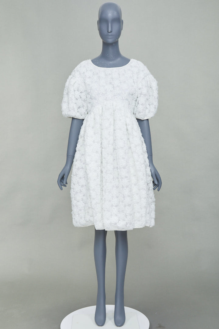CECILIE BAHNSEN white textured floral puffy short sleeve babydoll dress UK8 S