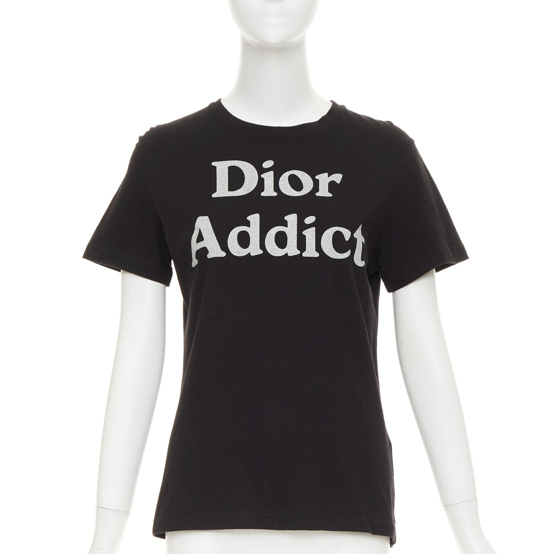 CHRISTIAN DIOR Addict black cotton linen speckle logo washed effect tshirt S