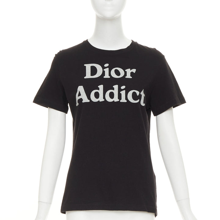 CHRISTIAN DIOR Addict black cotton linen speckle logo washed effect tshirt S