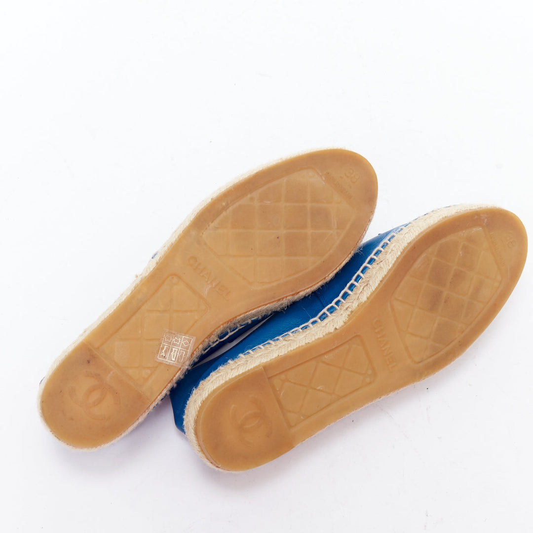 CHANEL blue leather CC logo jute espadrille shoes EU38