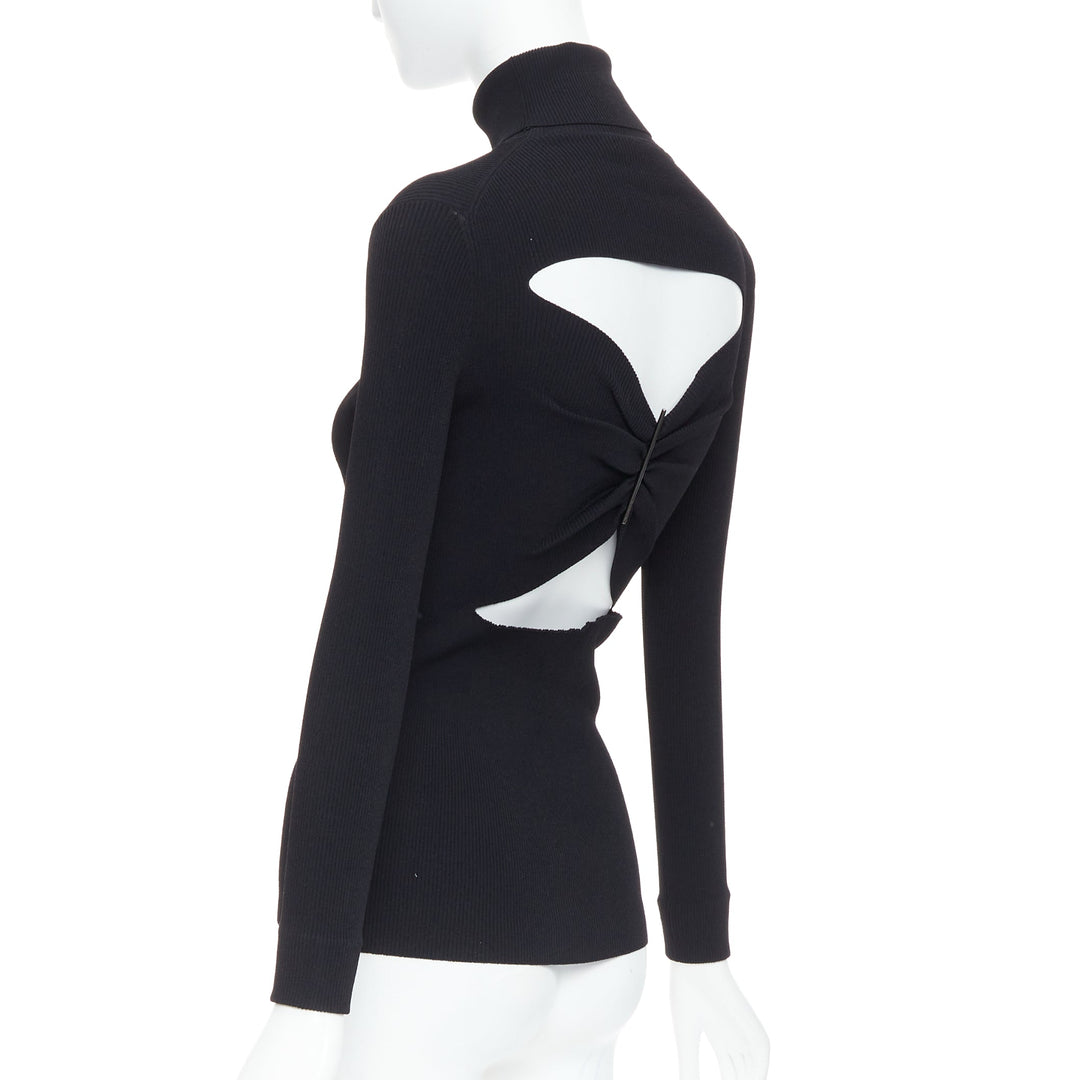 JIL SANDER black open back silver bar ruched turtleneck top FR36 S