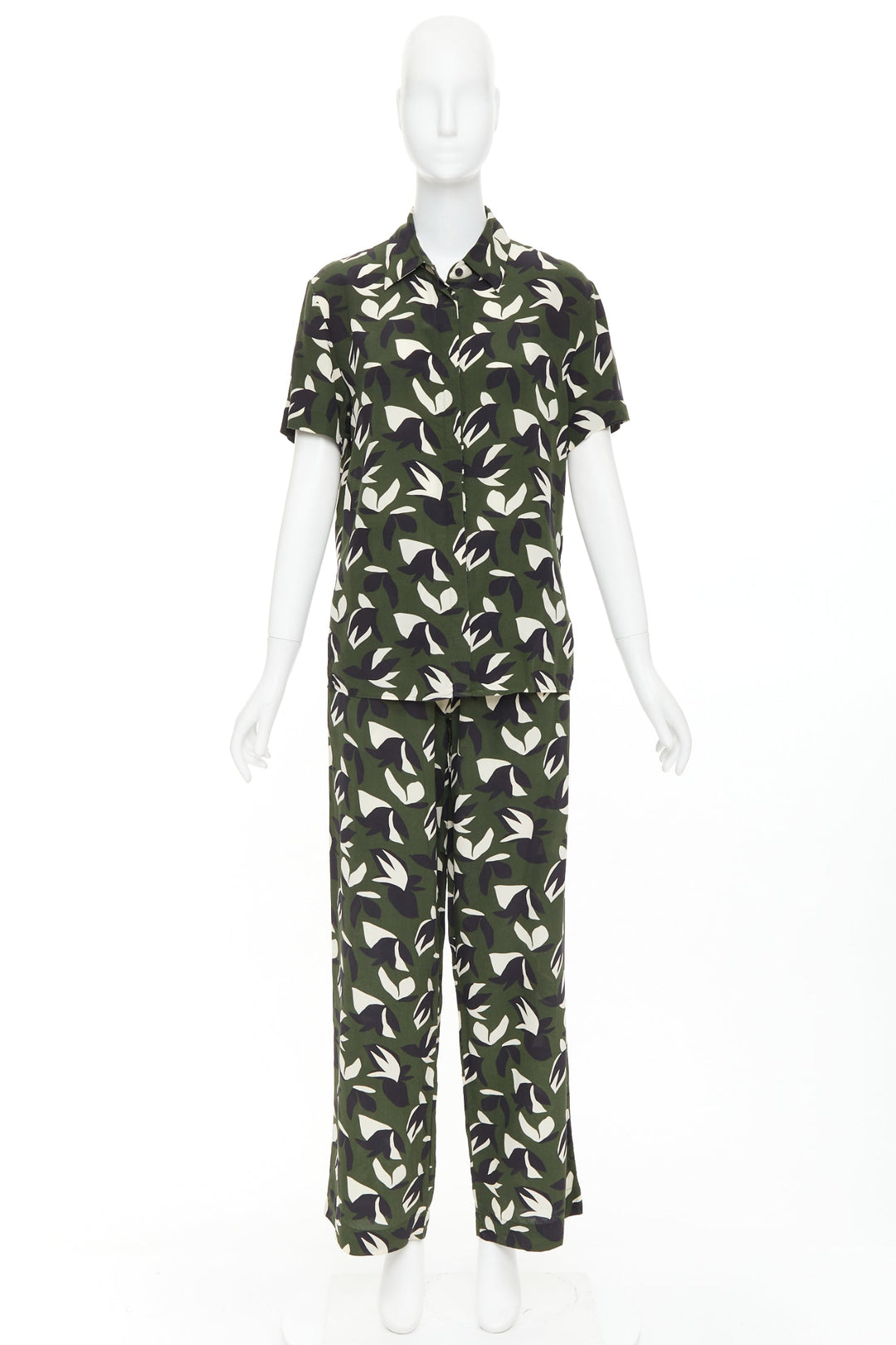 MATTEAU  100% silk  green black geometric print shirt pant set UK6 XS