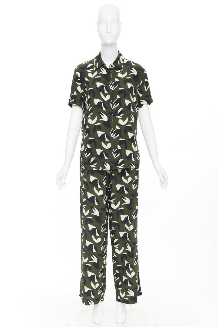 MATTEAU  100% silk  green black geometric print shirt pant set UK6 XS