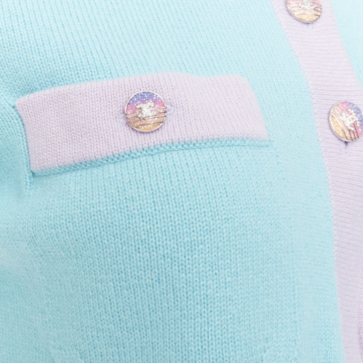 CHANEL 24C 100% cashmere pastel blue contrast trim glitter CC cropped cardigan F