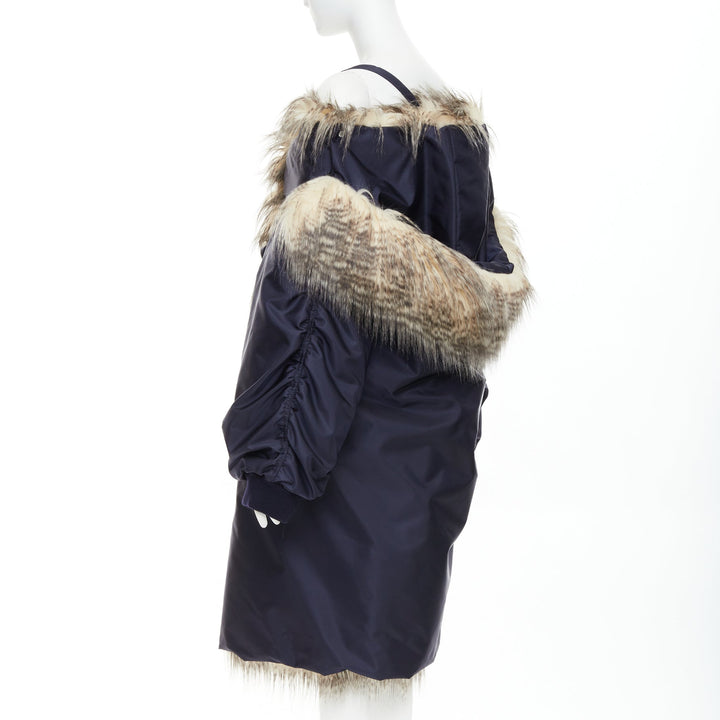 rare PRADA 2021 Runway brown faux fur off shoulder bomber coat IT38 XS Rihanna