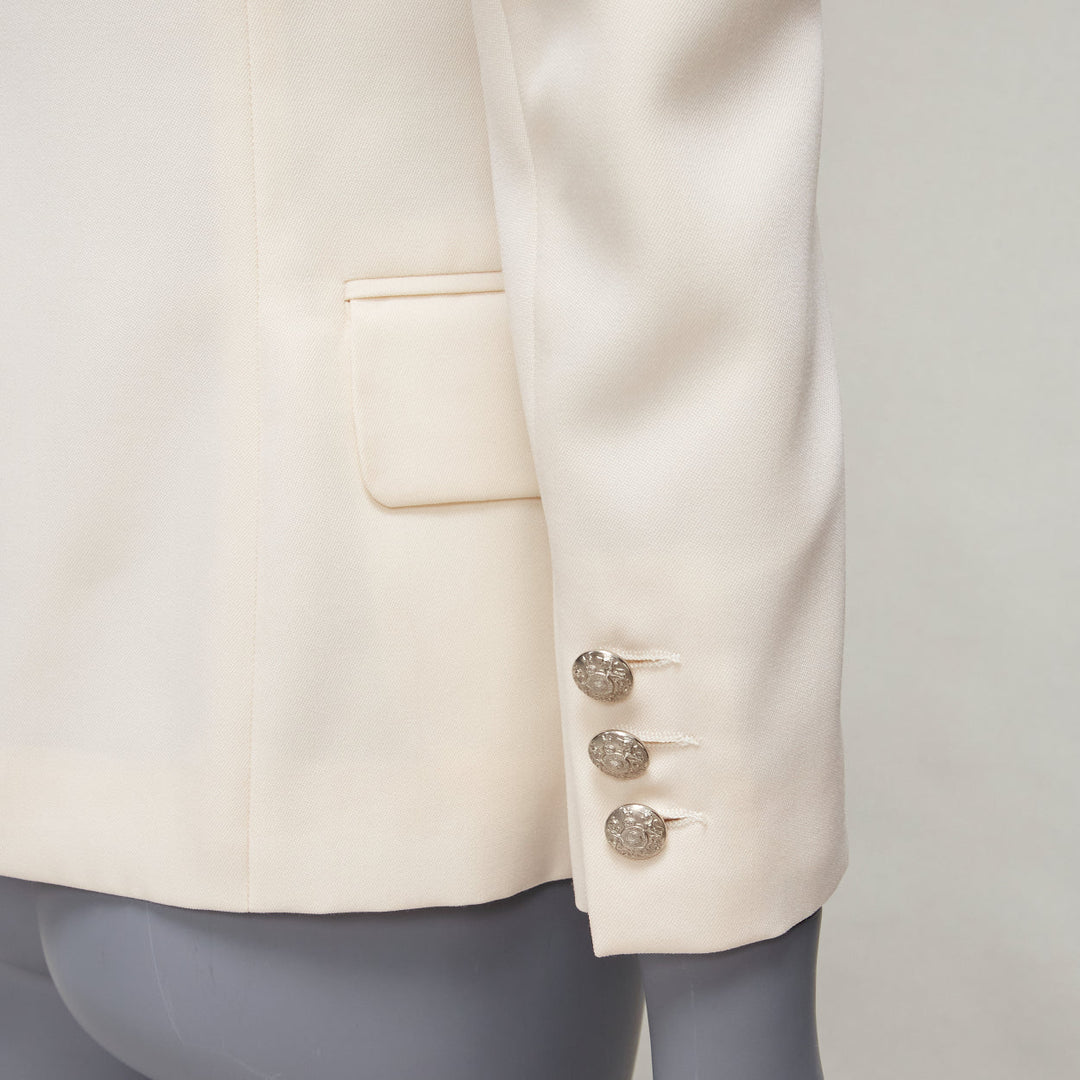 BALMAIN cream pagoda peak power shoulder single button tuxedo jacket FR38 S