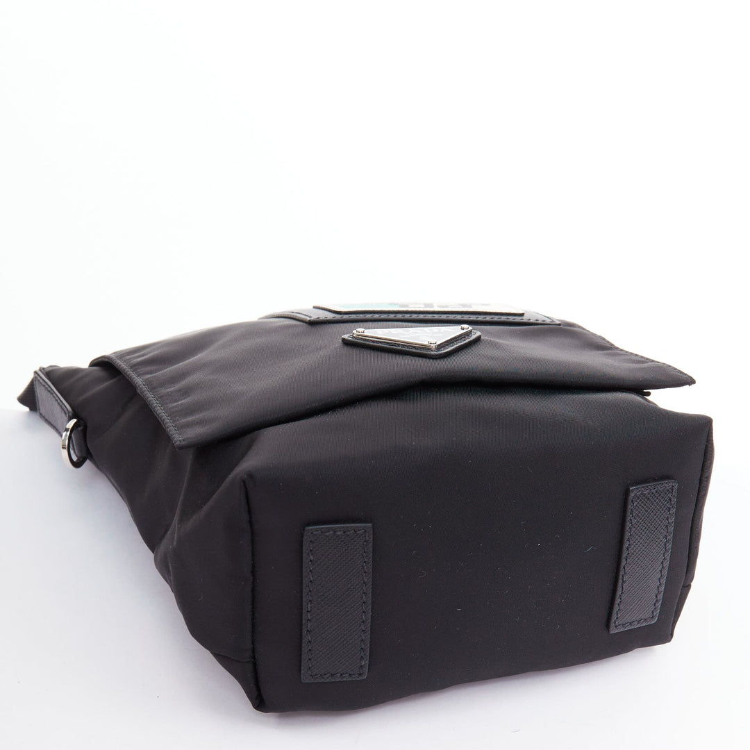 PRADA Racing black tessuto nylon saffiano leather patch logo flap messenger bag