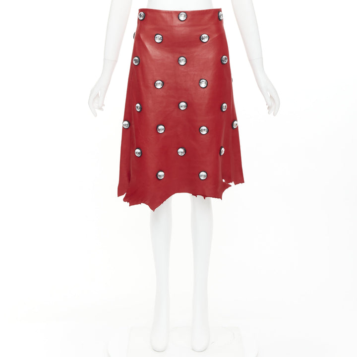 CELINE Phoebe Philo red lambskin leather acrylic stud jagged cut skirt FR34 XS